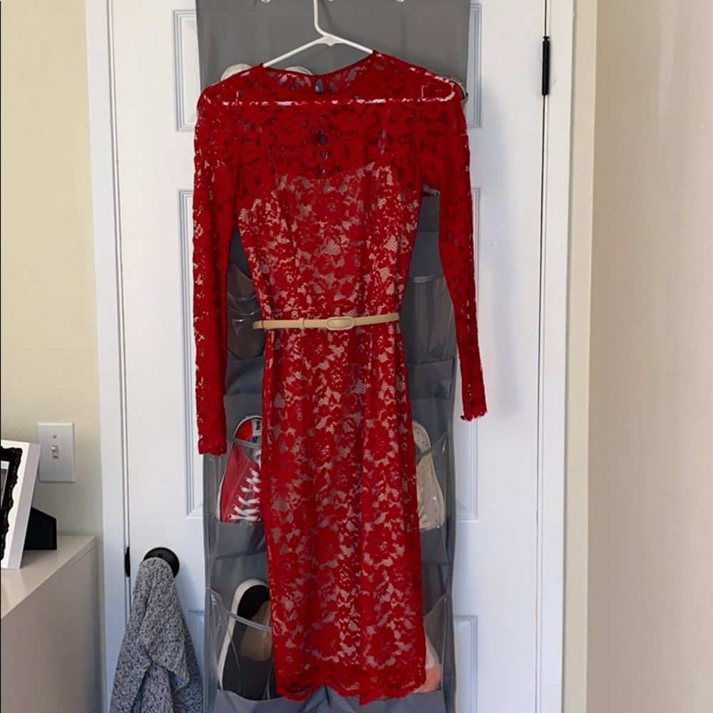 Maggy London red lacy/nude long-sleeve dress